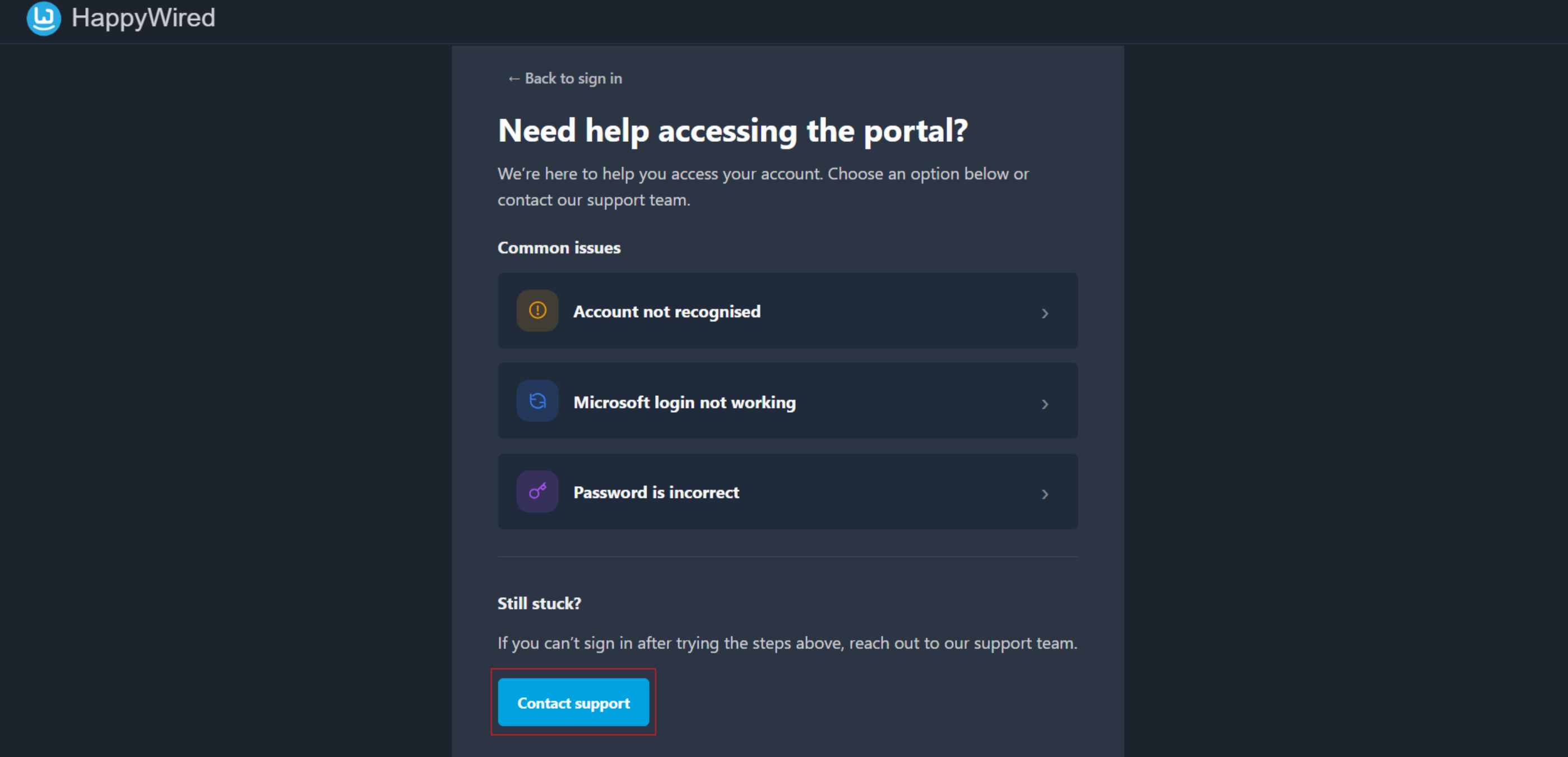 Contact support page screenshot